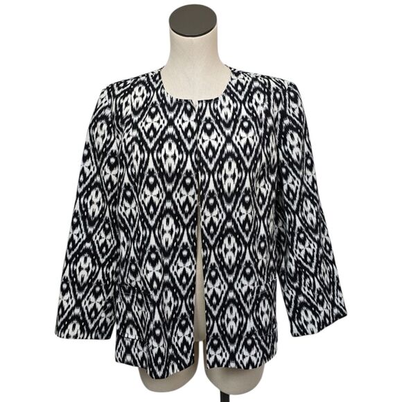 Chicos Geometric Ikat Jacket‎ 2 (L/ 12) Open Blazer Cotton Blend Black & White - Picture 1 of 11